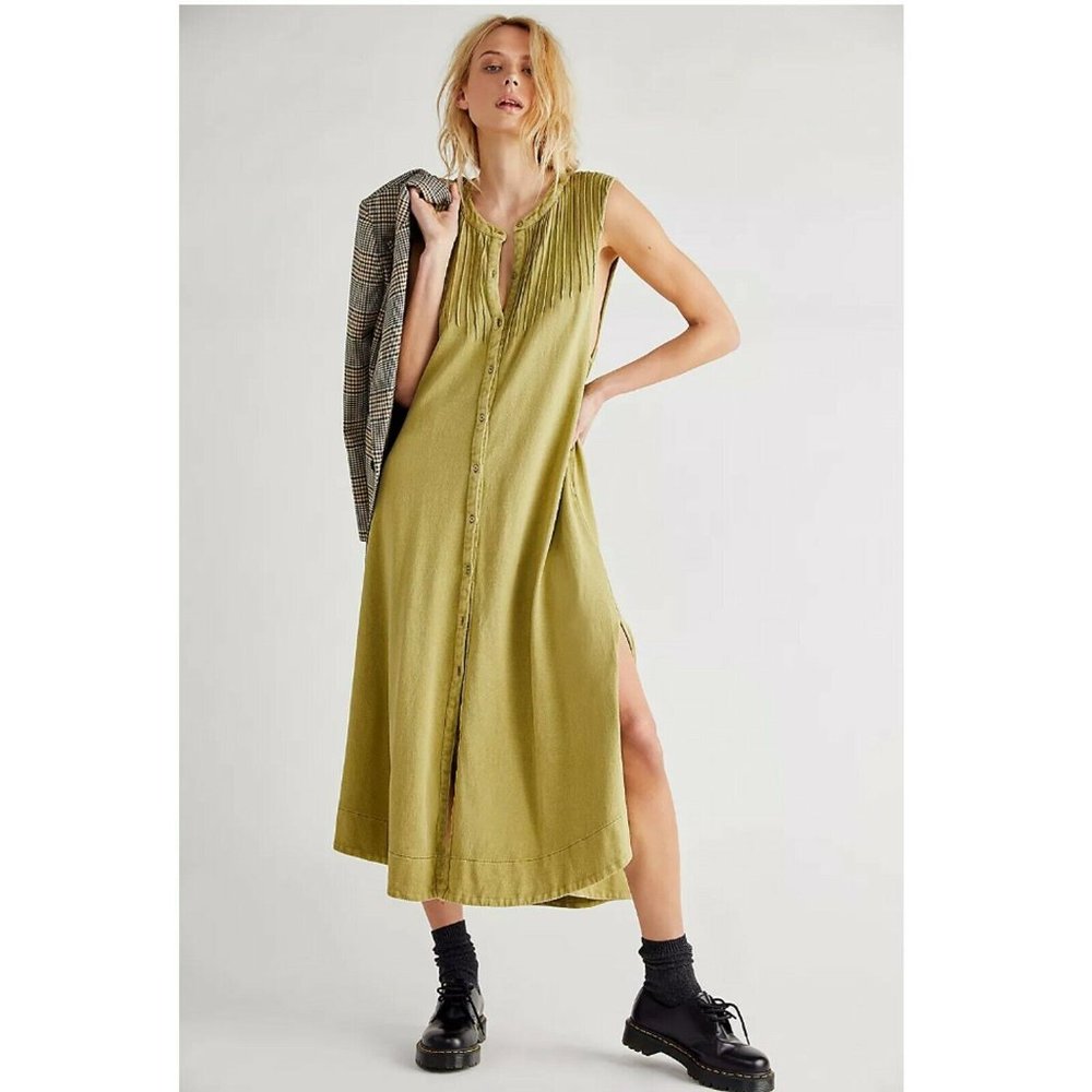 Free People Pintucked Knit Midi Dress Buttondown Endless Summer M New